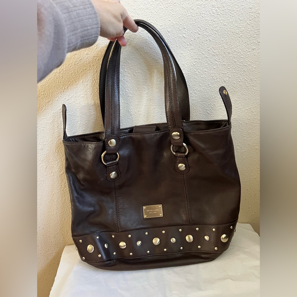 Michael Kors Brown Studded Logo Plaque Shoulder Bag Silver Tone Hardware